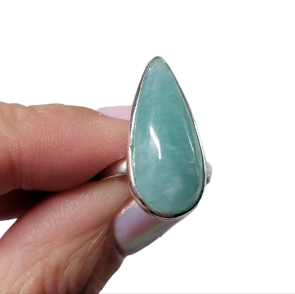 Hand Crafted Jewelry - NEW Natural Amazonite Elongated Teardrop Ring, S925